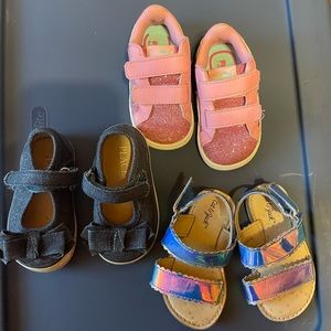 Pink Sparkly Puma’s, Denim Mary Jane’s, Cat and Jack irredentist sandals Size 4T